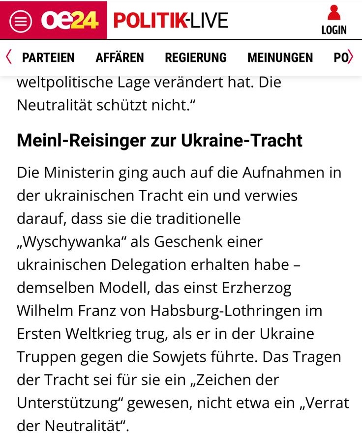 Max_Krauss's tweet image. Die Außenministerin des neutralen Österreichs erklärt also, sie habe bewusst eine ukrainische Kriegstracht angezogen, mit der Österreichs Habsburger im Weltkrieg gegen Russland in den Krieg gezogen ist. Das sei aber kein Verrat an der Neutralität. Diese Frau ist ein wandelnder…