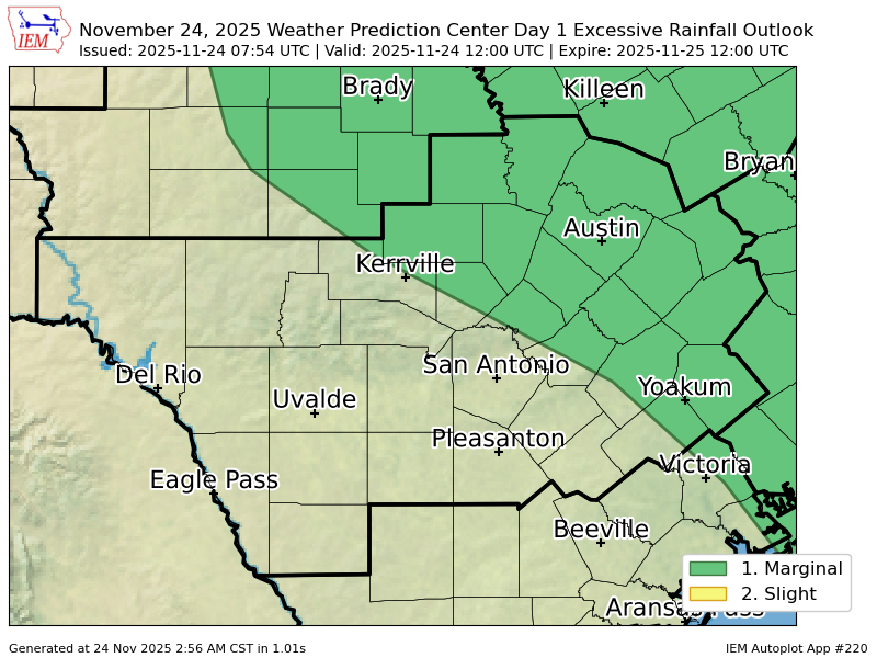 EWXBot's tweet image. WPC issues Day 1 Marginal Risk Excessive Rainfall Outlook at Nov 24, 7:54z for EWX wpc.ncep.noaa.gov/qpf/excessive_…