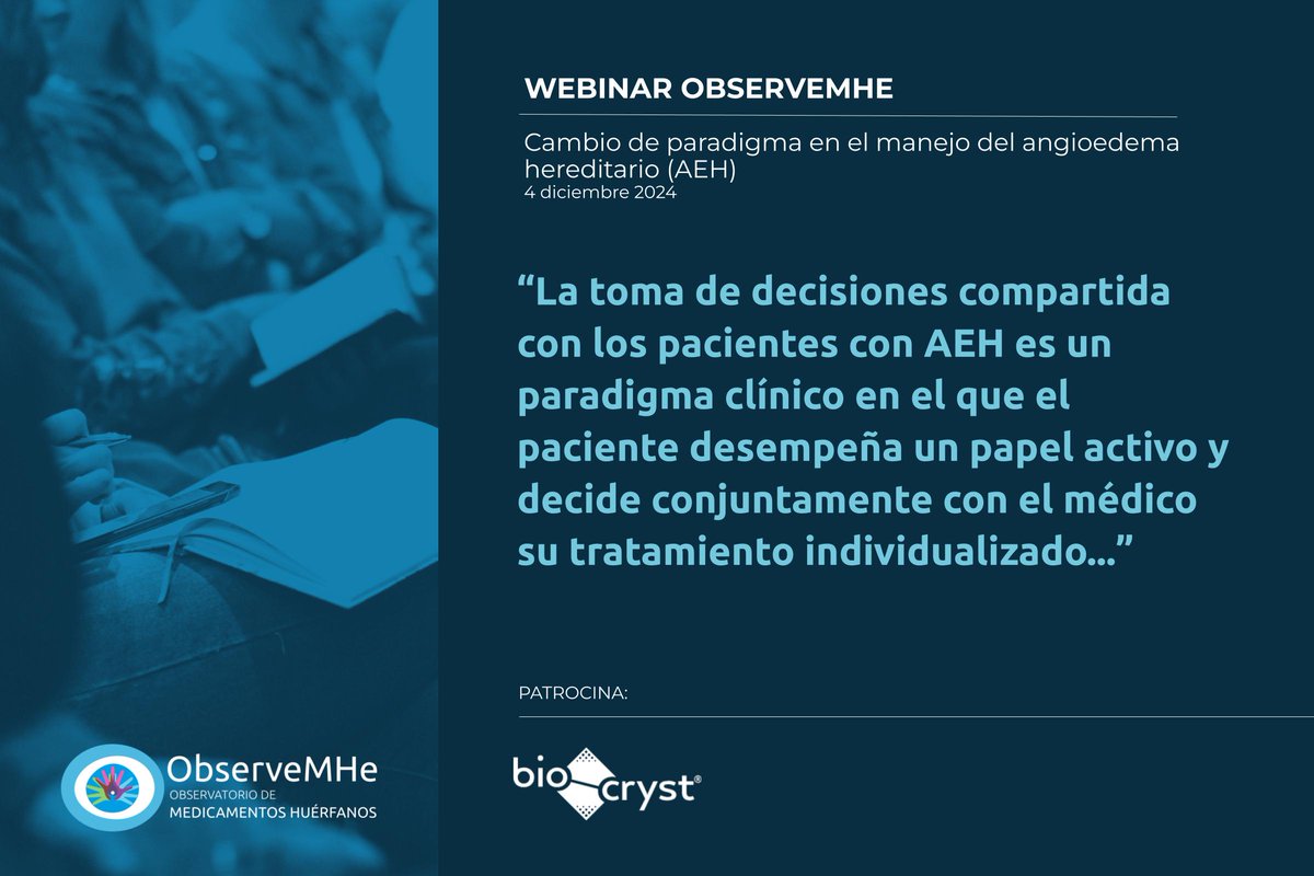 🔄 𝗥𝗲𝘃𝗶𝘀𝗶𝗼́𝗻 🔄
🎥 Webinar #ObserveMHe
📚 Título: Cambio de paradigma en el manejo del angioedema hereditario (AEH)

👨‍💼 Ariel Callero, Facultativo Especialista en Alergología
🧑‍🔬 <a href="/EdoMarsol/">Mariló Edo</a> <a href="/ACM_LaFe/">Servicio de Farmacia La Fe 🏥</a>
👨‍⚕️ <a href="/joseluis_pa/">Jose Luis Poveda Andrés</a>

⚗️ Colabora: <a href="/BioCrystPharma/">BioCryst Pharmaceuticals, Inc.</a>
📲: f.mtr.cool/vdvpapfurw