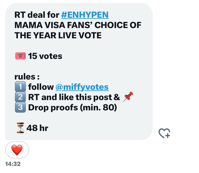 goodJayeveryWon's tweet image. RT deal for #ENHYPEN 
MAMA VISA FANS’ CHOICE OF THE YEAR LIVE VOTE

🎟️ 15 votes

rules :
1️⃣ follow @miffyvotes
2️⃣ RT and like this post &amp;amp; 📌
3️⃣ Drop proofs (min. 80)

⏳48 hr