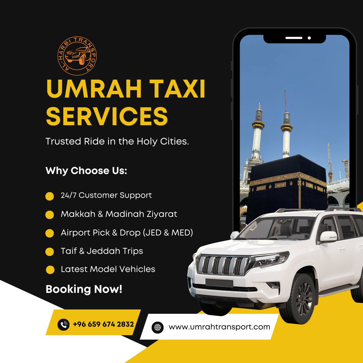 harbitransport's tweet image. 🚖 Book Your Umrah Taxi Today!

Makkah Ziyarat • Madinah Ziyarat • Jeddah &amp;amp; Taif Trips • Hotel Transfers • Airport Pick &amp;amp; Drop Safe cars, expert drivers, 24/7 availability. 🌙

📞 +96 659 674 2832
🌐 umrahtransport.com

#UmrahTaxi #AlHarbiTransport #HolyJourney