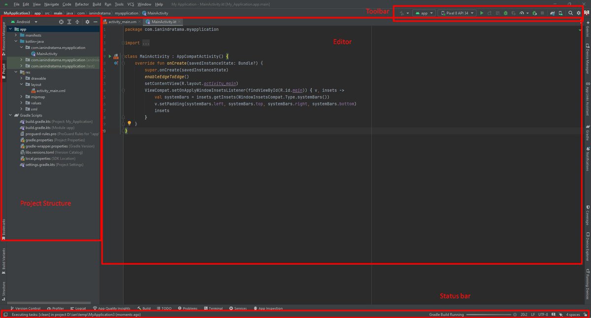 dicoding's tweet image. 1️⃣ Pahami &quot;Peta&quot; Lokasi
Tampilan awal Android Studio mungkin terkesan overwhelming. Namun, tenang. Fokus saja ke 4 area ini:
📂 Project Structure: Navigasi file/folder.
📝 Code Editor: Tempat &quot;ngoding&quot;.
▶️ Toolbar: Run &amp;amp; Build app.
ℹ️ Status Bar: Cek proses Gradle/Emulator.