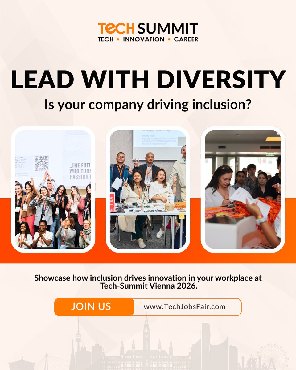 techjobsfair's tweet image. Is your company leading with diversity?
Join us at Tech-Summit Vienna 2026
and showcase how inclusion drives 
innovation in your workplace. 

#techsummit
#techsummitvienna 
#diversityandiclusion
