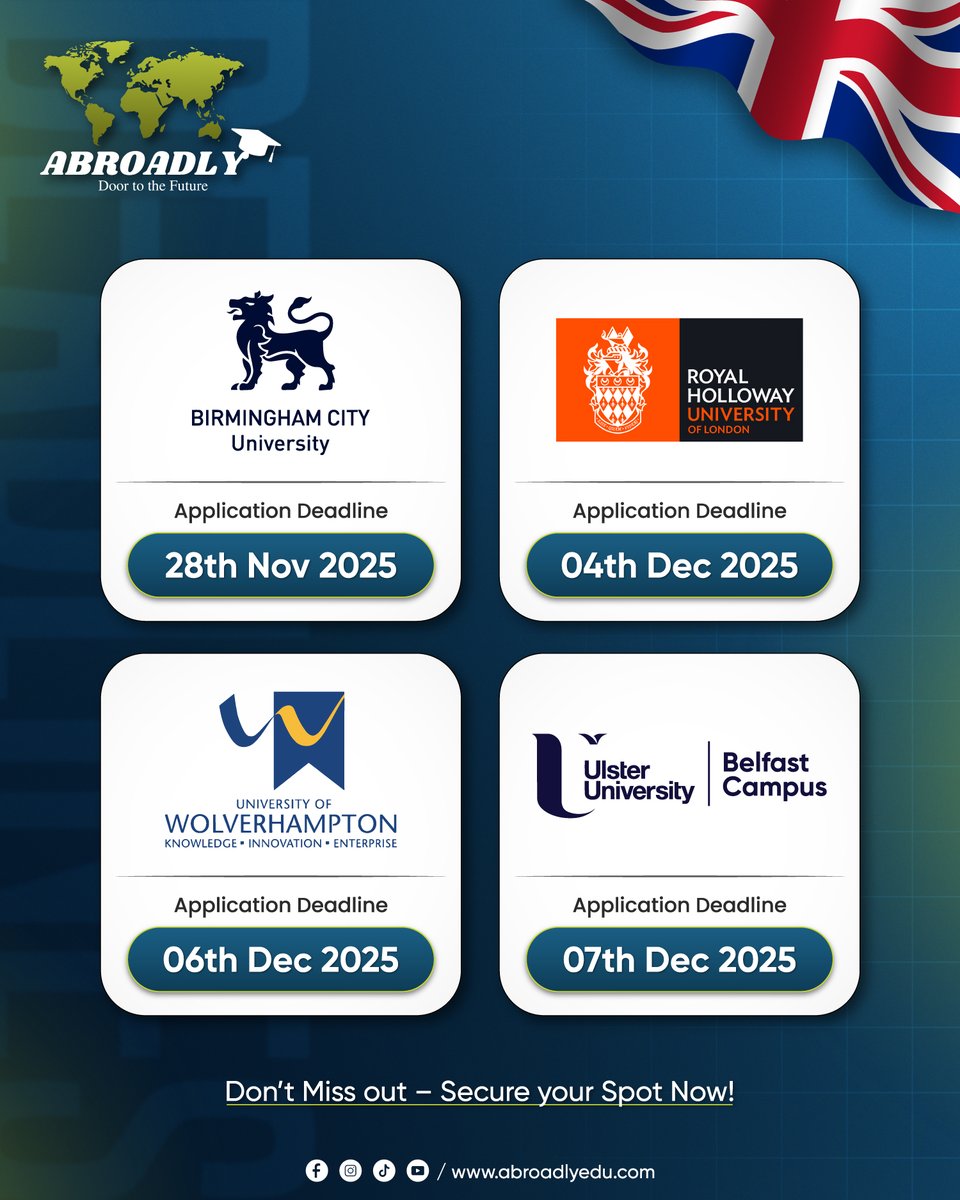 AbroadlyConnect's tweet image. 𝐀𝐩𝐩𝐥𝐢𝐜𝐚𝐭𝐢𝐨𝐧 𝐃𝐞𝐚𝐝𝐥𝐢𝐧𝐞𝐬 𝐀𝐥𝐞𝐫𝐭 – 𝐔𝐊 𝐉𝐚𝐧𝐮𝐚𝐫𝐲 𝟐𝟎𝟐𝟔 𝐈𝐧𝐭𝐚𝐤𝐞! 🇬🇧
Top-ranked universities are closing their deadlines soon — don’t miss your chance to secure your spot for a brighter academic future! 🌍✨

#AbroadlyConnect #ApplicationDeadlines