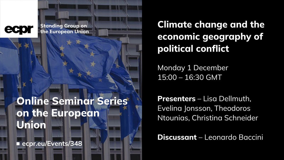 ECPR's tweet image. 🇪🇺 Next week in #ECPRSeminars on the #EuropeanUnion
🎙️ Our speakers debate that climate disasters can prompt voters 🗳️ to abandon mainstream parties, with the effect influenced by local economic exposure 
💻 Mon 1 Dec, 15:00–16:30 GMT
✍️ Register FREE ecpr.eu/Events/348