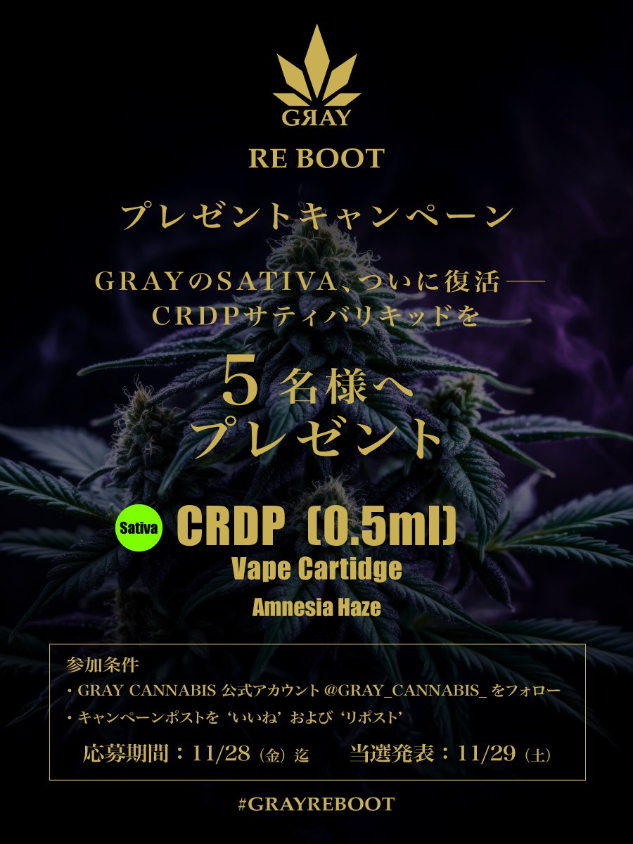 GRAY_CANNABIS_'s tweet image. 𝐆𝐑𝐀𝐘 𝐑𝐄𝐁𝐎𝐎𝐓
今週もプレゼントキャンペーンを実施👽

【CRDP】サティバリキッドを
5名様へプレゼント🪻

公式アカウント@GRAY_CANNABIS_ のフォローと
本ポストへの“いいね”および“リポスト”で
本キャンペーンにご応募いただけます。
応募期間は11/28(金)まで。

#GRAYREBOOT
