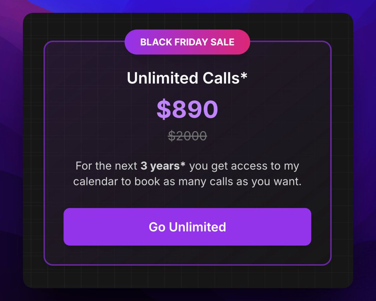 🚨 Venta de Viernes Negro 🚨
Mi oferta de consultoría ilimitada individual normalmente es de $2,000
Pero durante los