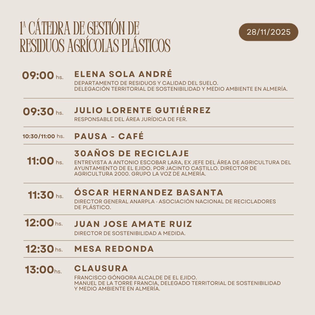 ♻️ El próximo 28 de noviembre celebramos, junto a AGRA, la 1ª Cátedra de Gestión de Residuos Agrícolas Plásticos, una jornada destinada a analizar los retos y oportunidades actuales en la gestión responsable de residuos en el sector agro.

🔗 Inscripción: tinyurl.com/kvpv3nbe