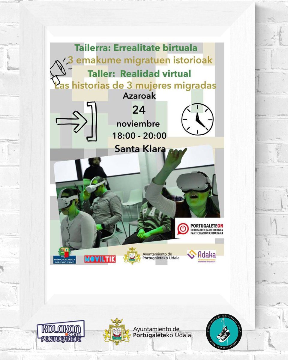 kolokon's tweet image. 🎯Taller: Realidad virtual. A través de las historias de 3 mujeres migradas

🗓️Azaroak 24 noviembre
⏰18:00 - 20:00
⛳️Santa Klara 

👉Si estás interesada o interesado envía un email de confirmación a adaka@adaka.org pues solo hay 25 plazas disponibles