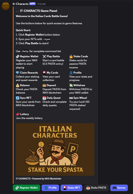 waxitalianft's tweet photo. 🔥 IT-CHARACTS 2.0 is LIVE!
• New clean UI
• ⚔️ Battles now riskier: win +2 PASTA / lose -1
• 🍝 PASTA Staking (15/30/90 days)
• 🧠 Respect = new energy system
• 🔥 Mafia Mode overhaul
• 💀 Solo Boss (RP-based damage)
• 🌍 Global Boss (comm. event)
#WAX #NFT  #PlayToEarn https://t.co/efNWabCLrA