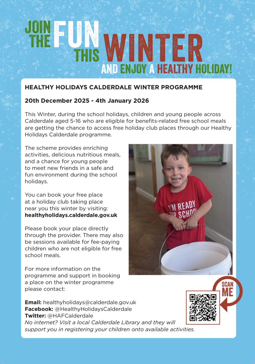 HAFCalderdale's tweet image. ❄️ Winter 2025 bookings are now OPEN!
🤸‍♂️ Free holiday club places available this December for children eligible for benefits-related free school meals.
Book now ⬇️
healthyholidays.calderdale.gov.uk

#HAF2025 #HealthyHolidaysCalderdale