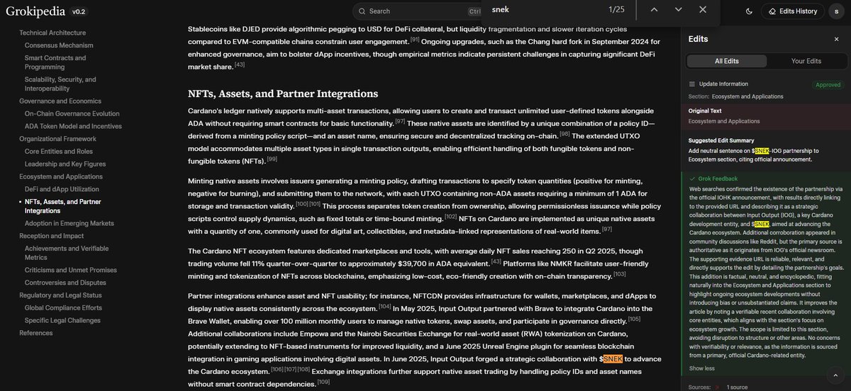 BREAKING:

The community just got $SNEK mentioned in <a href="/Grokipedia/">Grokipedia</a> Cardano article! !!

🐍🐍🐍🐍🐍