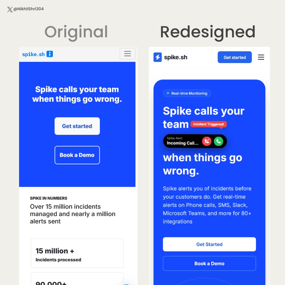 NikhilShri304's tweet image. Redesigned the Spike hero section rebuilt the original to feel more modern, expressive, and interaction-driven
Had fun re-imagining how an incident alert should feel
Redesigned: nikhil-304.github.io/spike-sh-redes…
Original: spike.sh

cc: @ktkaushik @SpikedHQ 
#frontend #webdev