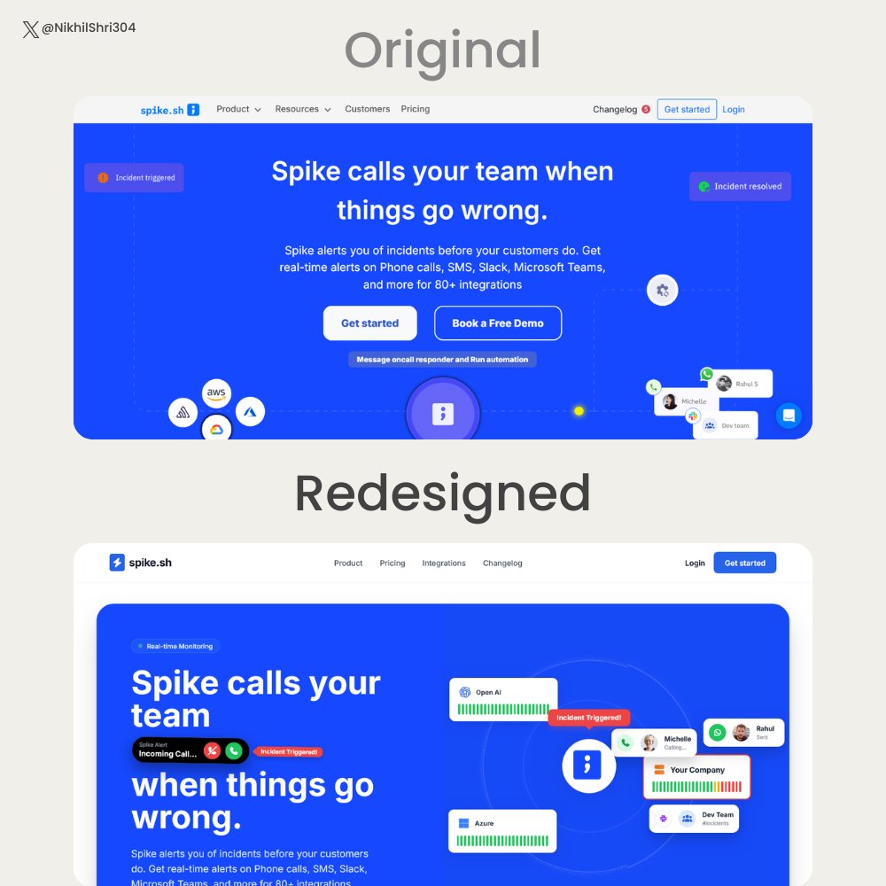 NikhilShri304's tweet image. Redesigned the Spike hero section rebuilt the original to feel more modern, expressive, and interaction-driven
Had fun re-imagining how an incident alert should feel
Redesigned: nikhil-304.github.io/spike-sh-redes…
Original: spike.sh

cc: @ktkaushik @SpikedHQ 
#frontend #webdev
