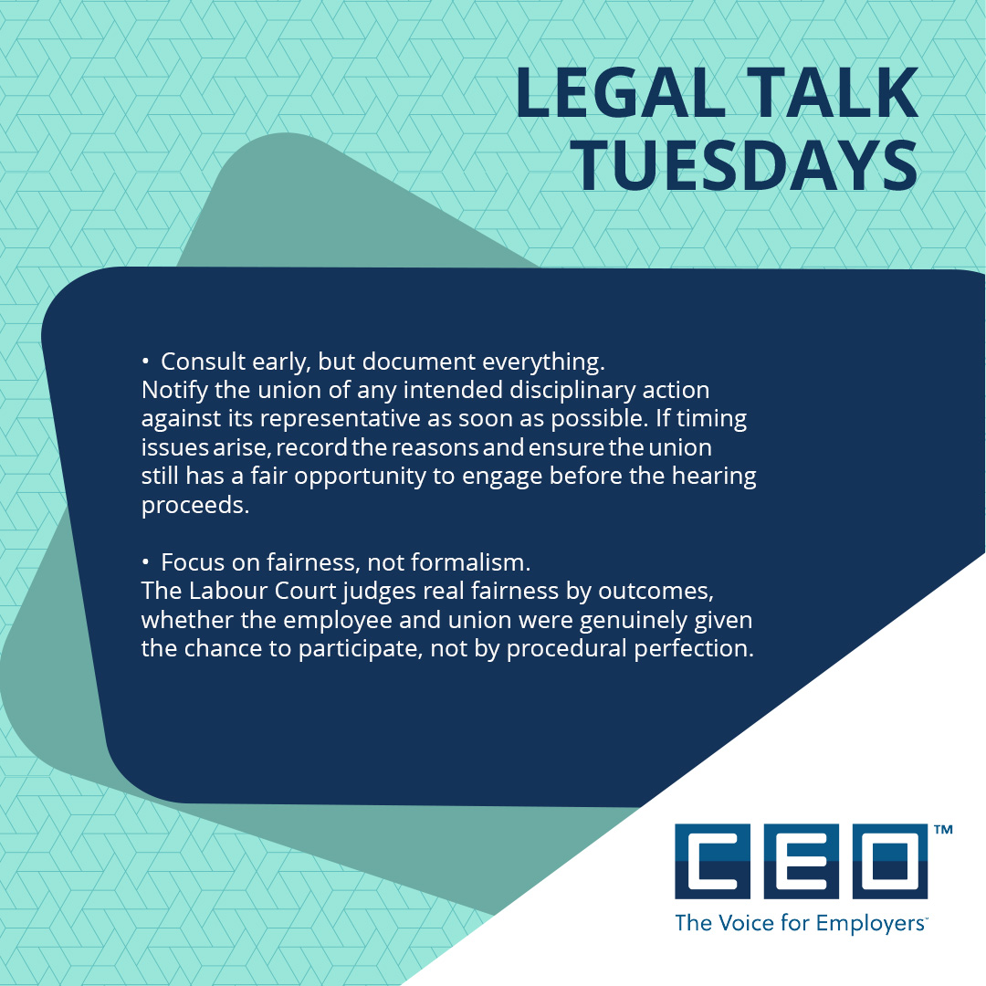 CEOSA_org's tweet image. Legal Talk Tuesday

Consult early, but document everything.
Notify the union of any intended disciplinary action against its representative as soon as possible. 

By Su-Mari Kemp - Senior Dispute Resolution Official at Consolidated Employers Organisation (CEO SA)

#ceosa