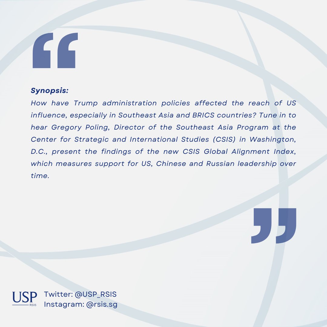 USP_RSIS's tweet image. Our next episode will be published on November 25, Tuesday. Tune in to hear @Gregpoling discuss the upcoming @CSIS Global Alignment Index, his main takeaways, and his hopes for future iterations of the index.