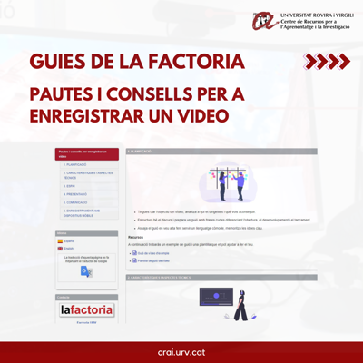 craiURV's tweet photo. 🎦Sabeu que la #Factoria del @craiURV ha fet una guia amb pautes i consells per a enregistrar un vídeo⁉️
🔹Què hi trobareu? Com planificar un vídeo, exemples de guions, com ha de ser l'espai i molts consells més!
➡️Guia: https://t.co/rpBl7CAOES
#ServeisCRAIURV
@sredURV https://t.co/jMY55qHTM0