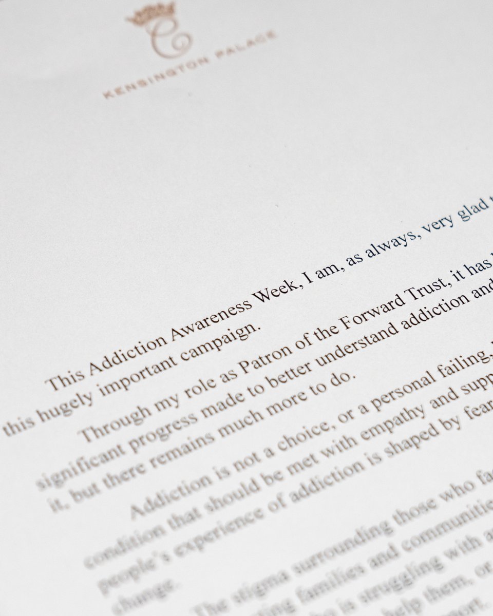 KensingtonRoyal's tweet image. Proud to be Patron of the Forward Trust this Addiction Awareness Week. Addiction is not a choice, or a personal failing, but a complex mental health condition that should be met with empathy and support.