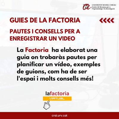 craiURV's tweet photo. 🎦Sabeu que la #Factoria del @craiURV ha fet una guia amb pautes i consells per a enregistrar un vídeo⁉️
🔹Què hi trobareu? Com planificar un vídeo, exemples de guions, com ha de ser l'espai i molts consells més!
➡️Guia: https://t.co/rpBl7CAOES
#ServeisCRAIURV
@sredURV https://t.co/jMY55qHTM0