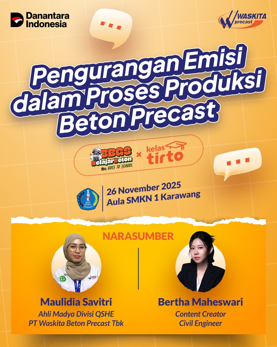 TirtoID's tweet photo. Bagaimana industri konstruksi bisa tetap tumbuh tanpa memperparah emisi karbon?

BBGS Vol.4 X Kelas Tirto akan membahasnya lewat seminar “Pengurangan Emisi dalam Proses Produksi Beton Precast.”

📅 26 November 2025
📍 Aula SMKN 1 Karawang
⏰ 08.00 – 11.30 WIB

#BelajarBeton #BBGS #WSBP #Tirtoid #Collaboration #Edukasi #Industri #Konstruksi #Beton #Readymix #GreenLabel #ESG #GreenConstruction #KonstruksiHijau #Sustainability