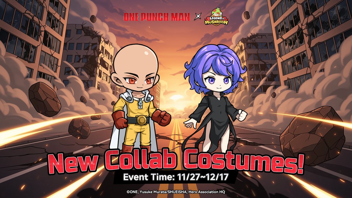 📢Collaboration Event Revealed!
This Collaboration brings special costume packs—feel the coolness of the heroes!

[Saitama - Hero Outfit]
"I'm just a guy who's a hero for fun."

[Terrible Tornado - Dress]
"You disgust me. Leave."

The collaboration event officially begins on