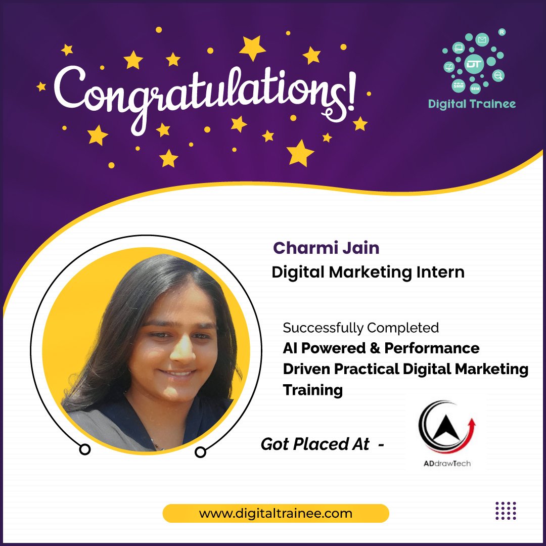 _Digitaltrainee's tweet image. Congratulations to our Digital Marketing Trainee, Charmi Jain been placed at ADdraw Tech. We wish you all the best in your new job!
digitaltrainee.com
#bestdigitalmarketingcourse #digitalmarketingcourse #digitalmarketingcoursesinpune #digitaltrainee #placements #pune