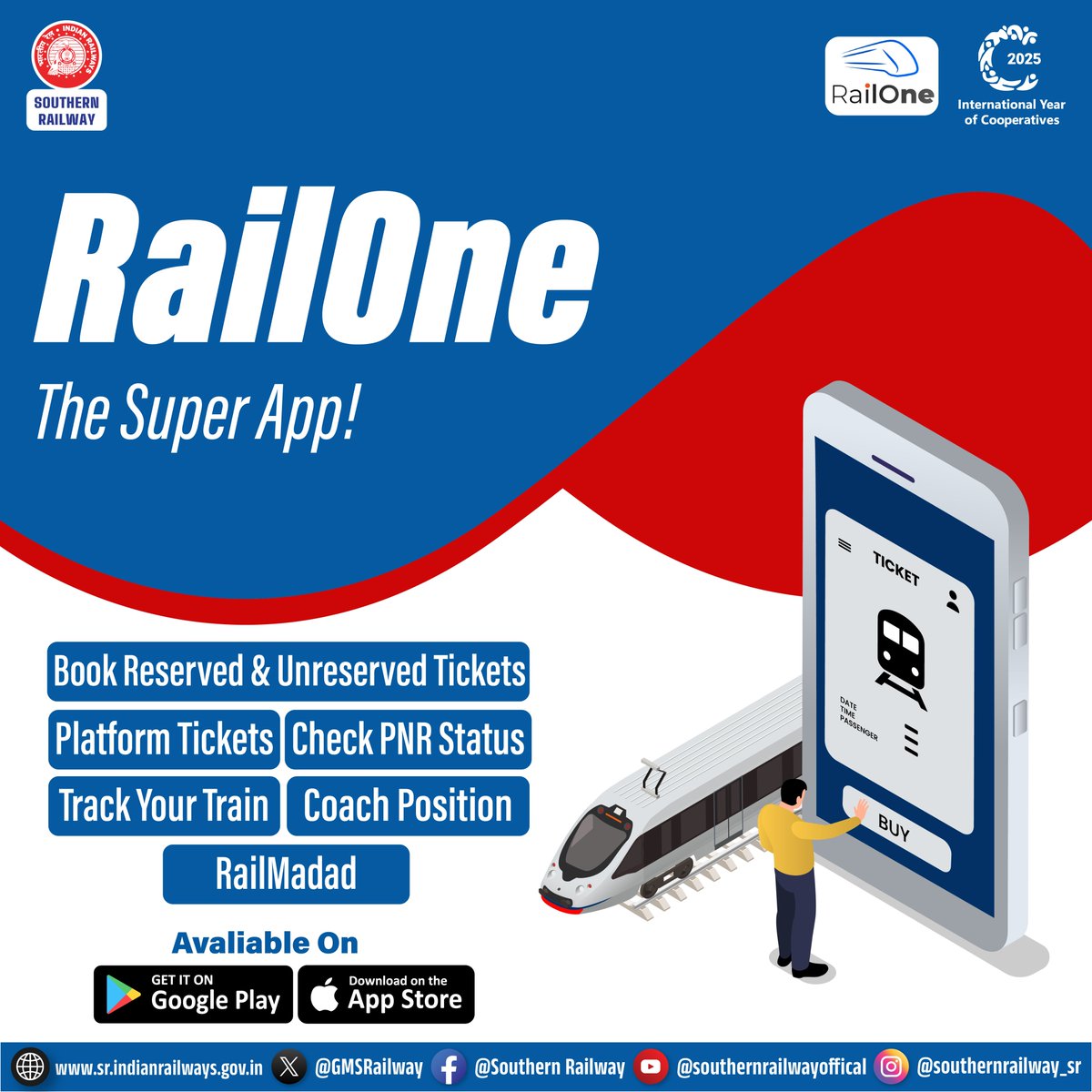 GMSRailway's tweet image. Your railway journey is now just a tap away!

From ticket booking to train tracking and coach position, do it all on one app.

Download RailOne – The Super App by Indian Railways and travel smarter.🚆📱✨

#TravelSmart #TrainTravel #TrackYourTrain #RailMadad #DigitalIndia