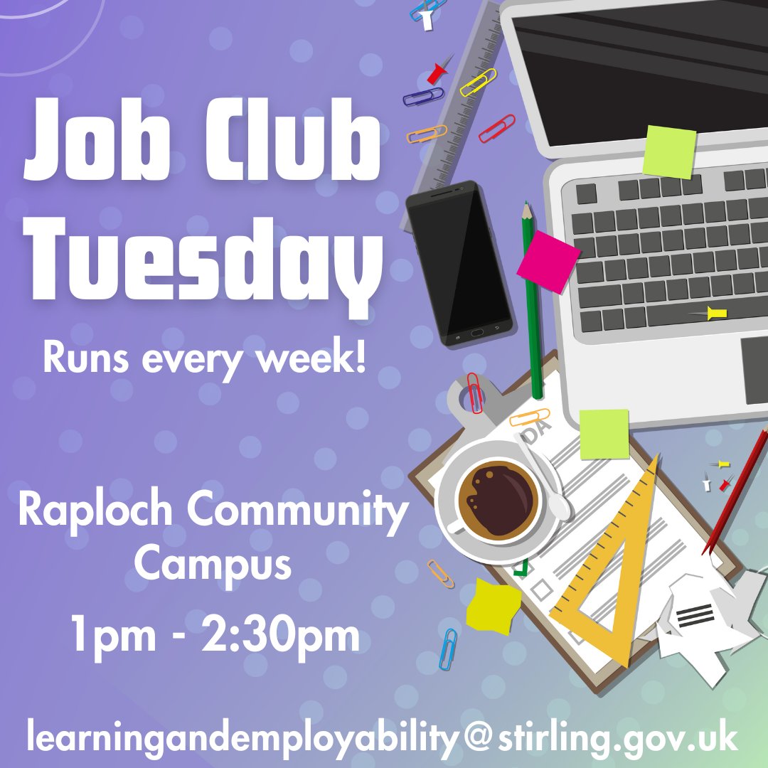 StirLearnEmploy's tweet image. 👉 Are you looking for a job and would like FREE, friendly help and support?

Then pop along to our weekly Job Club tomorrow:
📅 Tuesday
📍 Raploch Community Campus
⏰ 1pm - 2:30pm

#support #SkillsForSuccess #adultlearning #Stirling #Raploch