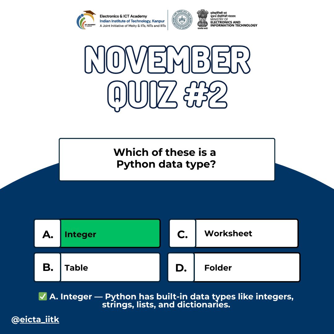 eicta_iitk's tweet image. Which option is a real Python data type? 🤔
Here’s a quick quiz to check your basics. Drop your answer in the comments! 👇
Hint: Python’s core data types help you store and work with values efficiently.

#EICTAcademy #IITKanpur