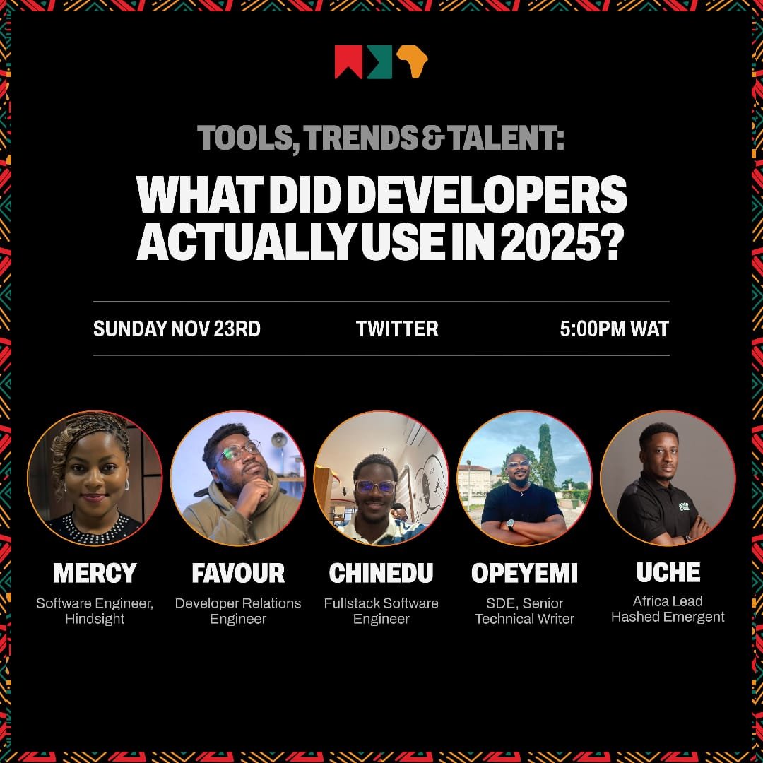 web3afrika's tweet image. Didn’t make it to Buenos Aires? Don’t worry, the learning doesn’t stop.

Web3 Afrika hosted a Twitter Space on “Tools, Trends &amp;amp; Talent: What Did Developers Actually Use in 2025?”, featuring five amazing speakers: @global_techgirl , @devVGBG , @chinedu_10 , @theucheedeoga and…