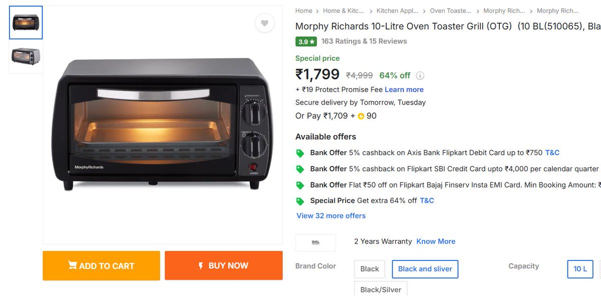 TechyBoostDeals's tweet image. Morphy Richards 10-Litre Oven Toaster Grill (OTG) @ ₹1,799 🍽️

Buy link : fkrt.cc/hrdsyWJ

#Flipkart #MorphyRichards #Oven