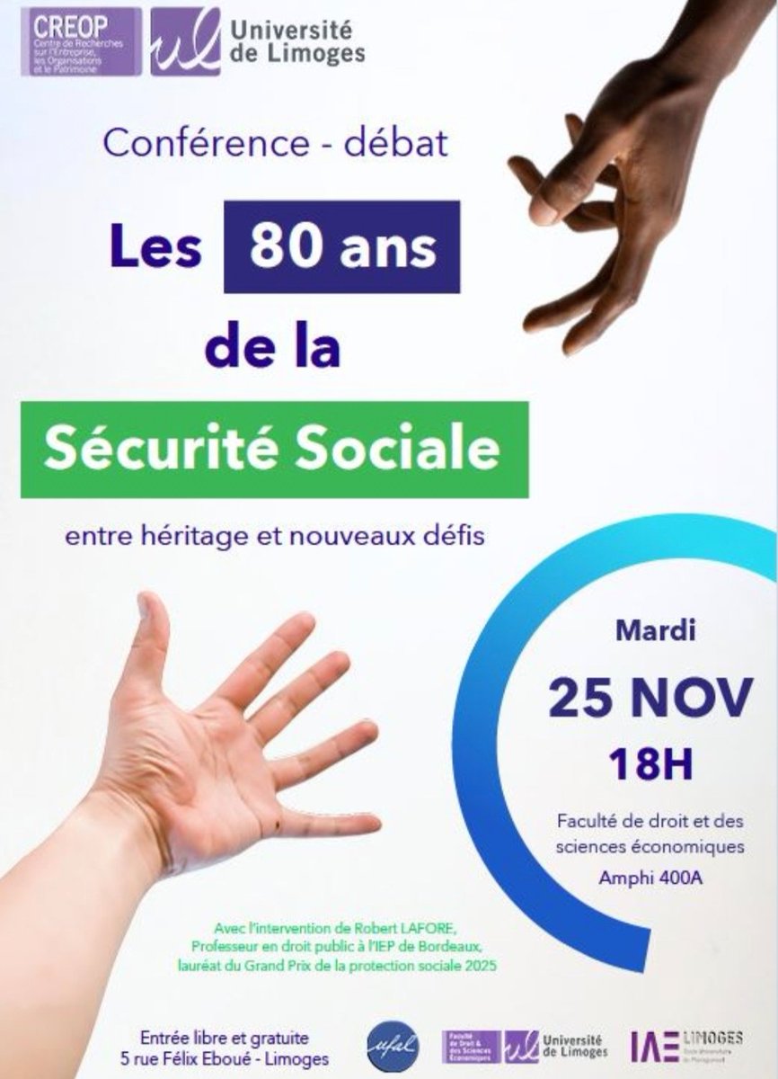 📌 Organisé par le Centre de recherches CREOP de l'université de Limoges
J'aurai le plaisir d'y intervenir avec le professeur Robert Lafore, grand spécialiste de la protection sociale et Anthony Ponticaud, directeur adjoint de la <a href="/CPAM87/">CPAM Haute-Vienne</a> en partenariat avec <a href="/UfalHauteVienne/">UFAL Haute-Vienne</a>