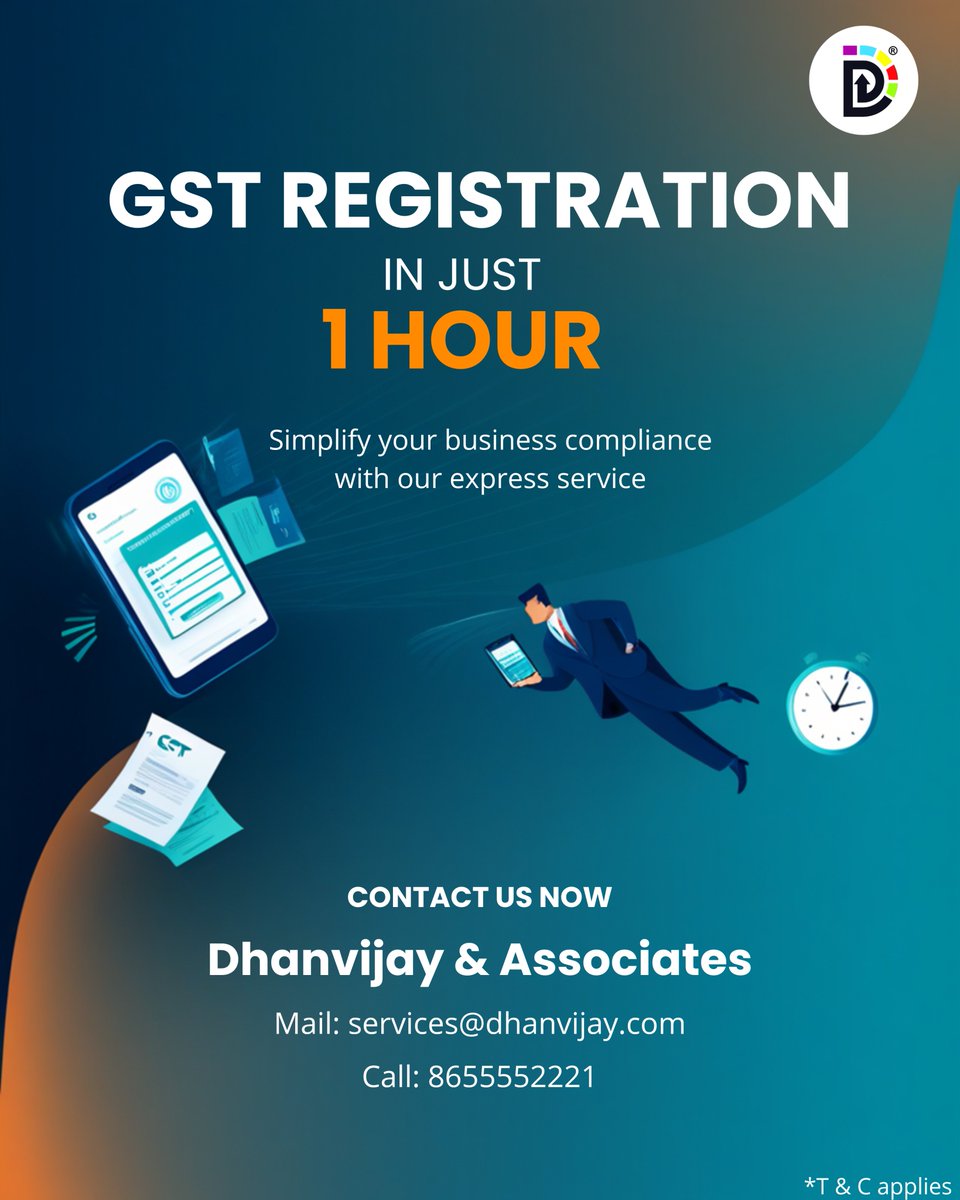 dhanvijaygroup's tweet image. 🚀 GST Registration in Hours – Not Weeks Anymore!
Yes, you read that right!
With the new streamlined GST system, you can now get your GST registration within hours if your documents are ready.
#GSTRegistration #StartupIndia #BusinessGrowth #Professionals #DhanvijayAndAssociates