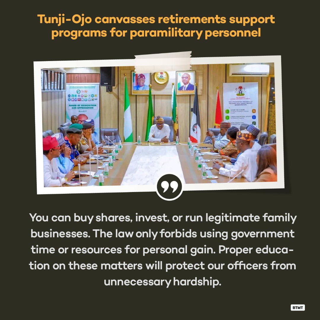 The Minister of Interior, Dr Olubunmi Tunji-Ojo  (<a href="/BTOofficial/">Olubunmi Tunji-Ojo</a> ) canvasses retirements support programs for paramilitary personnel.