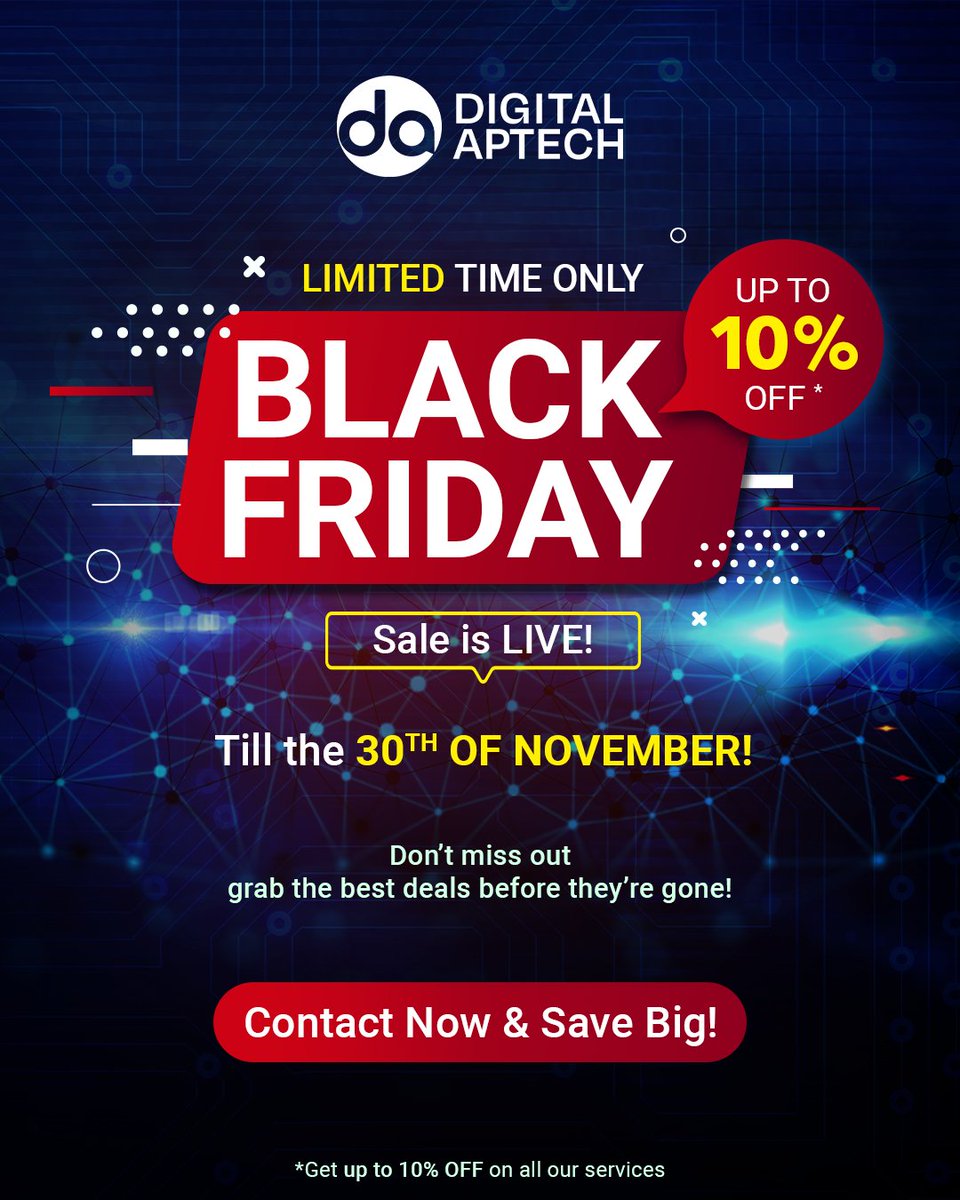 DigitalApTech's tweet image. Scale your digital presence today! Get up to 10% OFF on all services this Black Friday—websites, software, marketing, and more. Claim your offer before 30th November!
#BlackFridaySale #DigitalMarketingDeals #DigitalAptech #GrowYourBusiness #OnlineSuccess #WebDesignOffers
