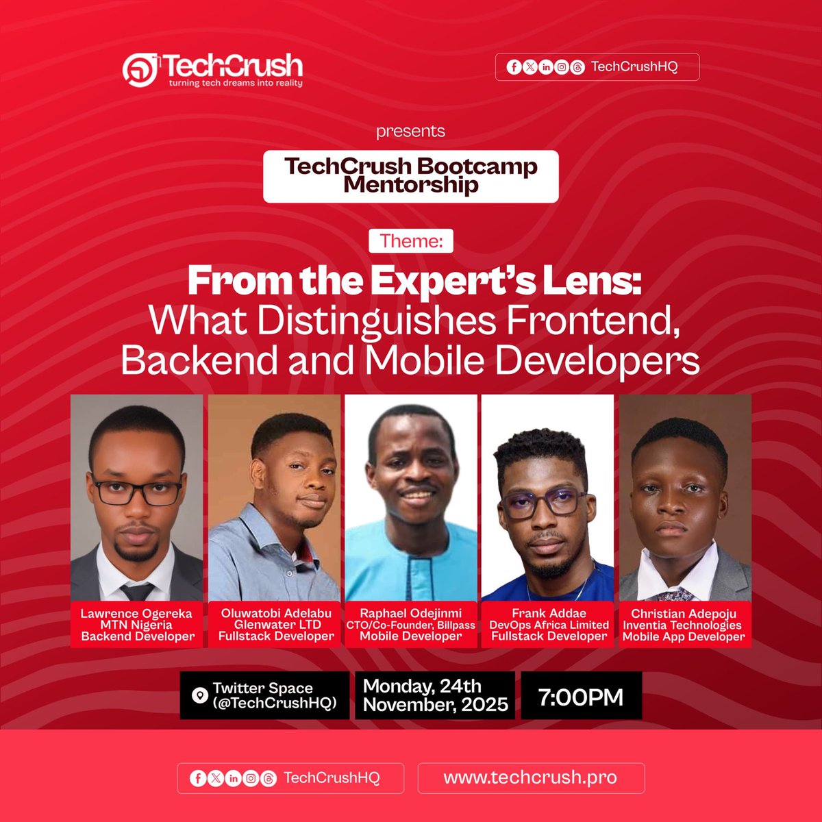 TechCrushHQ's tweet image. Tech can feel overwhelming, especially when you’re still trying to choose your lane 

Frontend? Backend? Mobile? — too many options, right?

Let’s talk about it with developers who get it — 

Come through tonight by 7:30pm on Space 👇

#techcrush