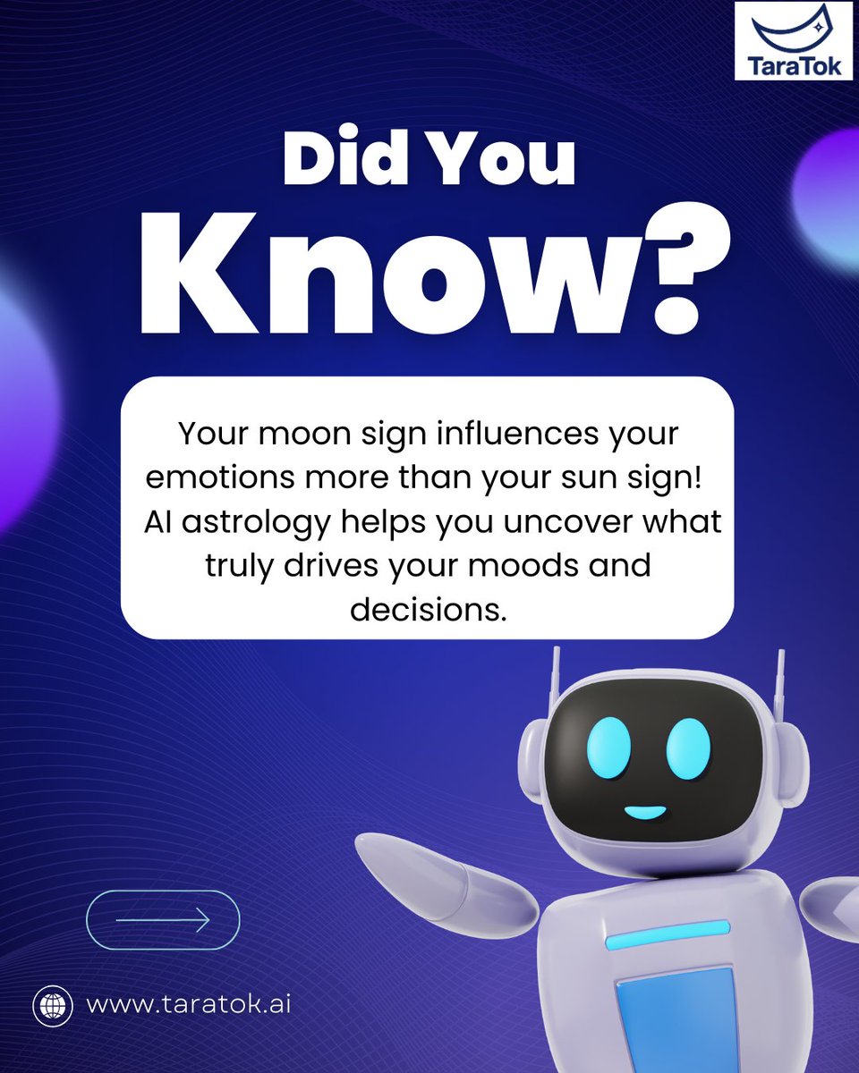 TaraTokAI's tweet image. 🌙 Did You Know? Your moon sign reveals more about your emotions than your sun sign.
With TaraTok.AI, explore how AI astrology decodes your moods, instincts &amp;amp; relationship patterns.
🔮 Try it now: taratok.ai

#taratok #AIwithFeelings #MindfulTech