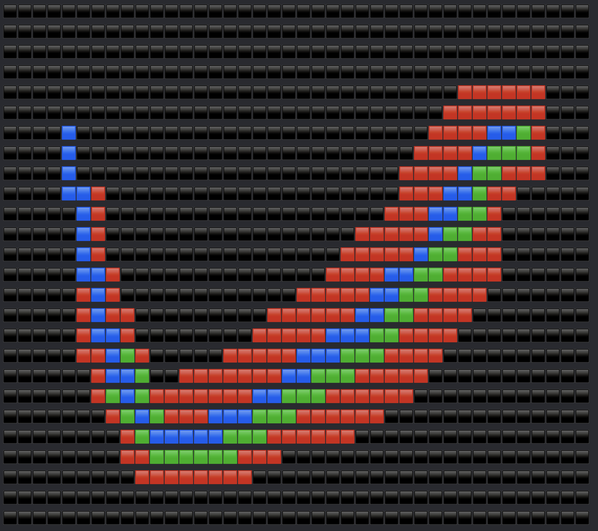 tinycrate's tweet photo. I built a pixel simulation engine called Kernel like the corn seed 🌽I should now be able to paint with pixel art but at the fidelity of real paint where you can see the texture of the pigment move around the water as it dries. Here's a stroke rendered in the terminal with 🟥🟦🟩 https://t.co/mG1cGxSiP7