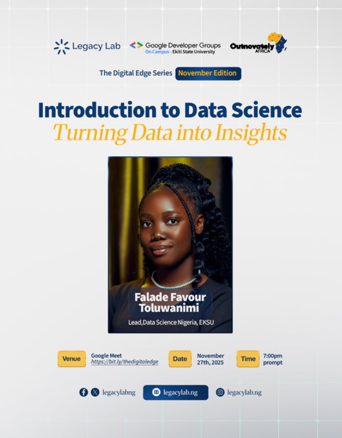 legacylabng's tweet image. Curiosity is the first step into every great discovery.
Join us as we demystify Data Science,one simple idea at a time.
No pressure, no jargon,just clarity, insight, and a community ready to grow together.

#legacylabng #datascience #digitaledgeseries