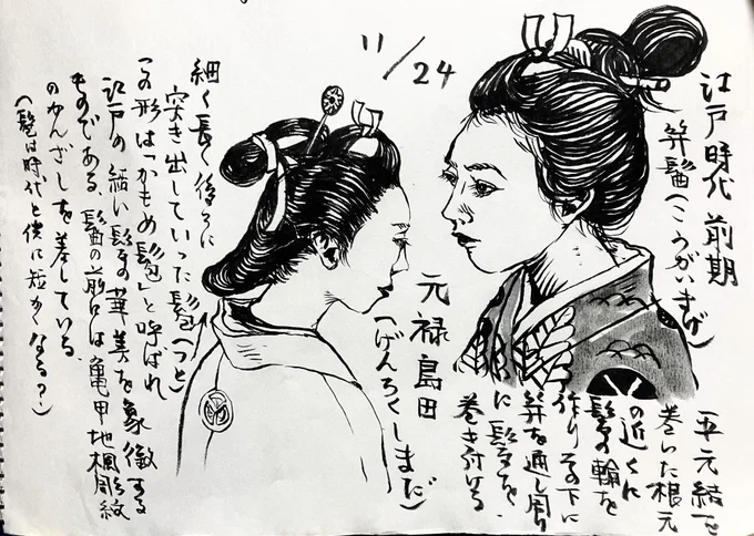 今日のニポンの美しい髪型は江戸時代初期。笄(こうがい)簪(かんざし)櫛(櫛)にリボンのような物も使うようになりどんどん複雑化。襟足の毛(つと)がどんどん長くなる逆リーゼントの様な「かもめつと」等興味深い。髪のうねりと結を追いかけて描くのに必死。 