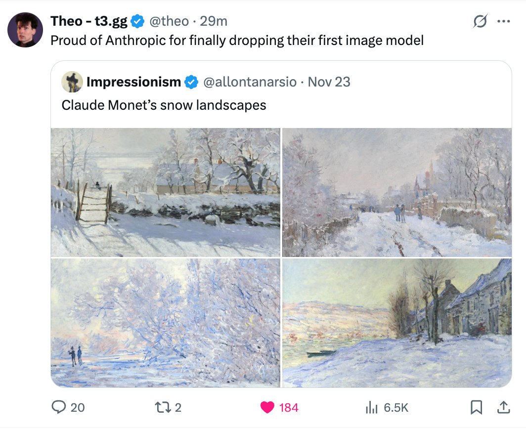 真是个好笑的笑话😂我当时太震惊了，还以为克劳德刚刚发布了他们的形象模型呢。
顺便说一句，把图像模型命名为“莫奈”确实挺浪漫的。