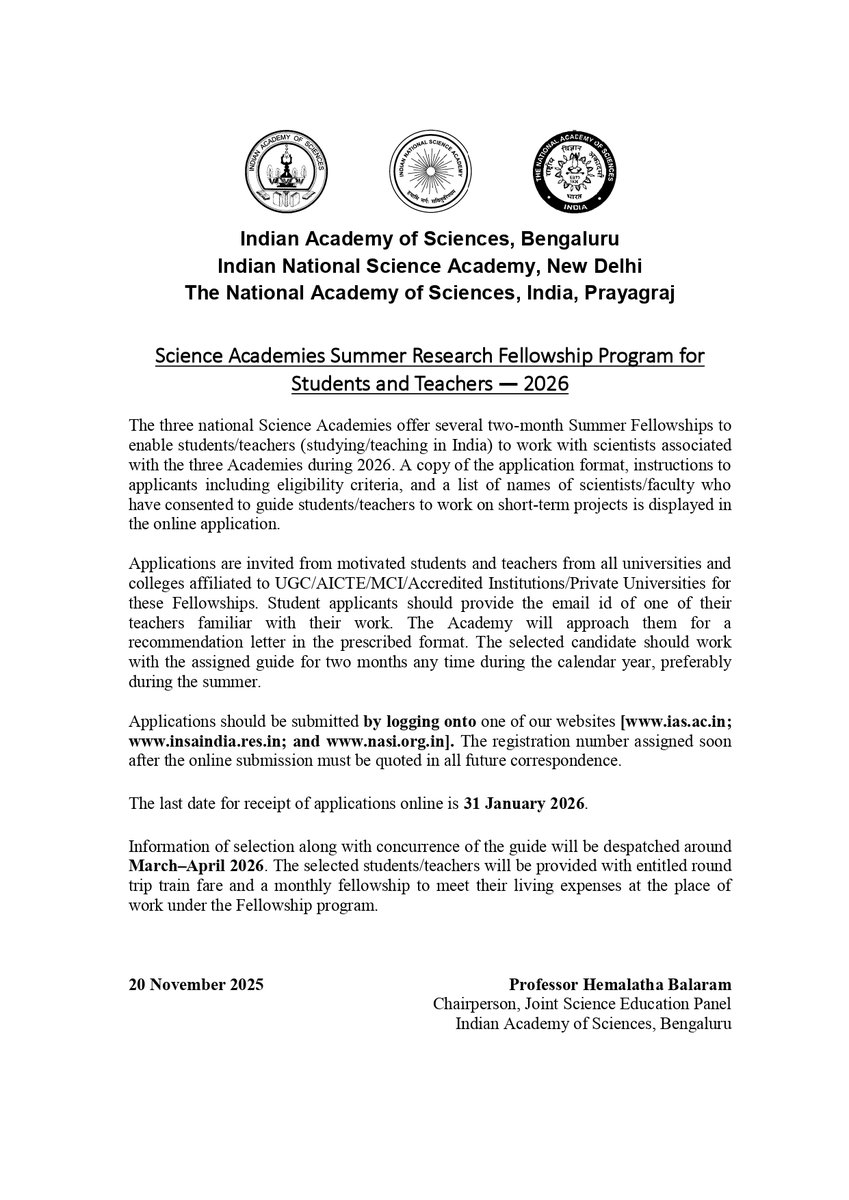 skvdst's tweet image. Science Academies Summer Research Fellowship Program for Students and Teachers — 2026 
Applications invited from students/teachers from universities and colleges affiliated to UGC/AICTE/MCI/Accredited Institutions/Private Universities.
insaindia.res.in/scroll_news_pd…
Apply by 31st Jan 26