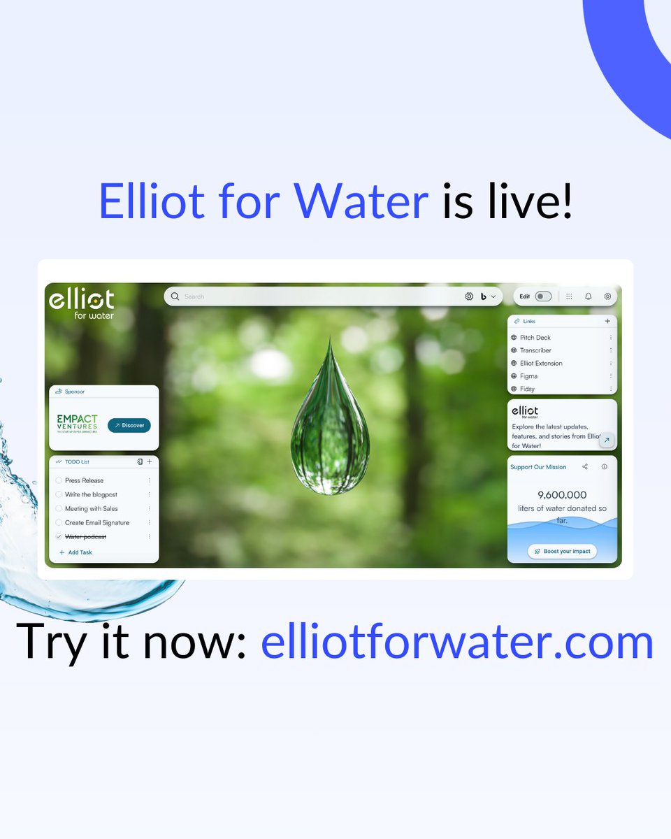 elliotforwater's tweet image. We’re live: after months of building &amp;amp; testing, Elliot for Water is officially out! 🚀 Elliot for Water is a free browser extension that turns your homepage into a clean productivity dashboard, and uses part of the revenue to fund clean water projects around the world.💧