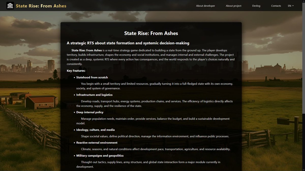 StateDevLog's tweet image. #StateRise now has an official website!
It already features the main sections. The site is still evolving as content and visuals are added. This will be the central hub for all info about the game.
Visit: thestatecraftbureau.github.io/StateRise/
#indiedev #gamedev