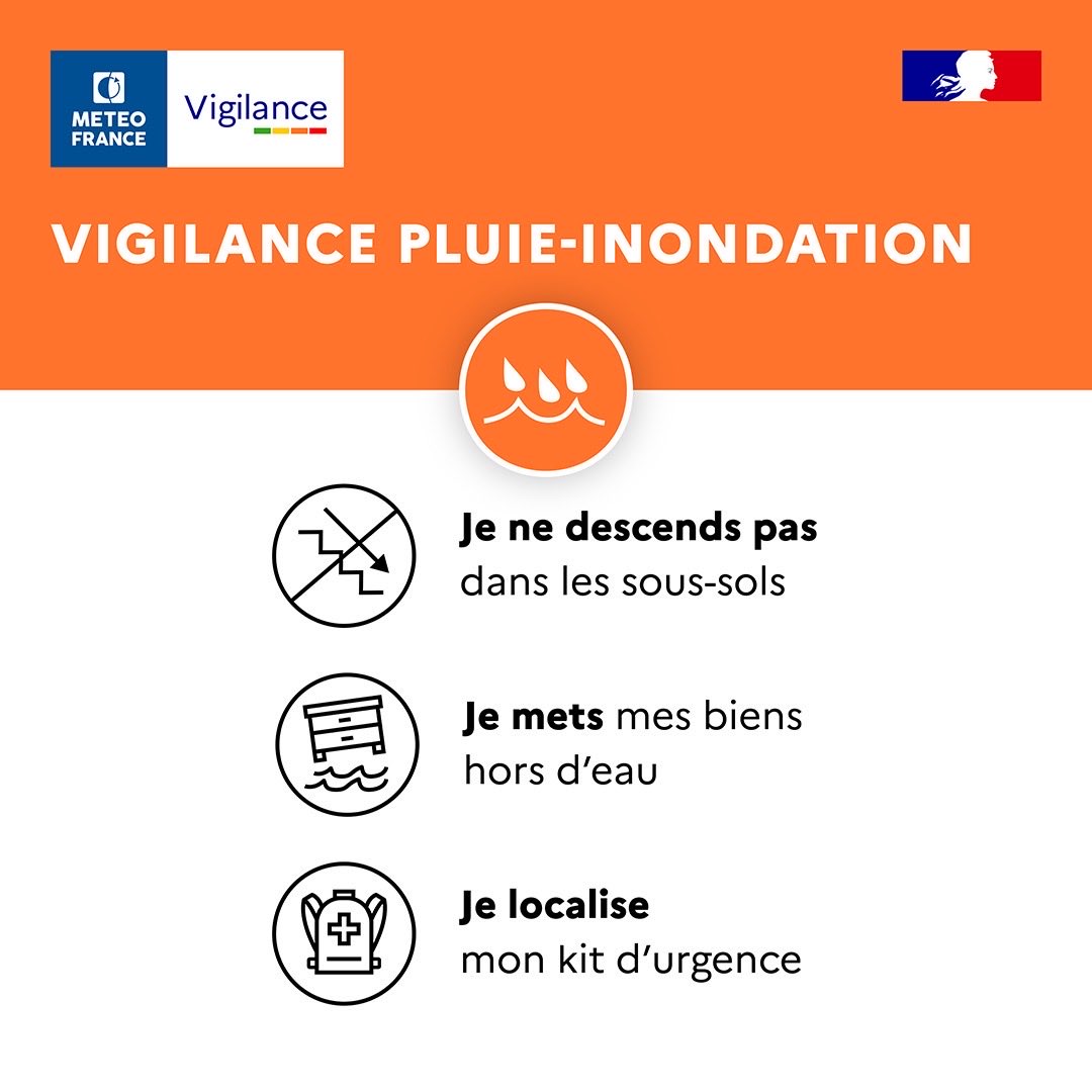 meteofrance's tweet image. 🟠 #VigilanceOrange #PluieInondation en cours pour l&apos;Ain, l&apos;Isère, la Savoie, la Haute-Savoie, la Gironde, la Dordogne et la Corrèze.

🌧️ Une perturbation donne des précipitations abondantes ce lundi du Sud-Ouest au flanc est du pays.

⚠️ Soyez prudents vigilance.meteofrance.fr/fr