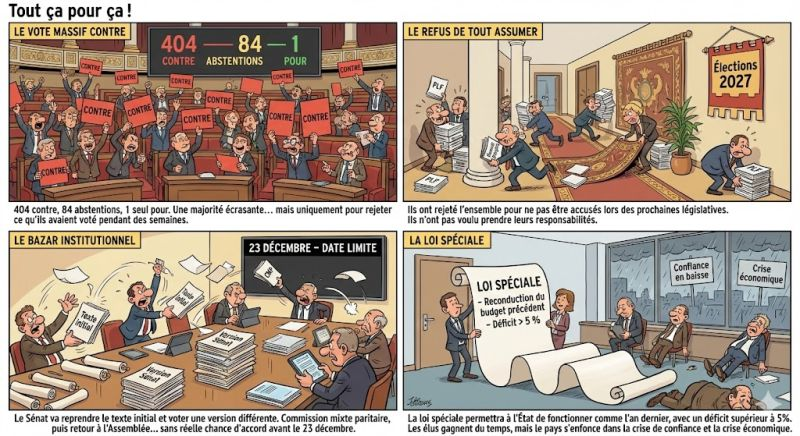marcfiorentino's tweet photo. Tout ça pour ça ! Nous, simples humains, n’ayant pas le niveau d’intelligence et de sophistication de nos élus, nous n’avons rien compris !

Nous pensions, bêtement, que nos députés avaient bataillé pendant des semaines, principalement sur des hausses d’impôts, pour qu’un texte soit adopté.
En fait, c’était tout le contraire !!
Idiots que nous sommes !!

Un beau consensus ! C’est tellement beau que c’est émouvant. Enfin une majorité écrasante à l’Assemblée !
404 contre.
84 abstentions.
Et 1 seul pour.
Magnifique illustration du fait que nos politiciens savent se mobiliser et s’entendre quand la situation est dramatique ?

Pas tout à fait...  Ils étaient massivement d’accord, certes. Mais pour être contre !
Contre tout ce qu’ils ont voté pendant des semaines, avec difficulté, avec des alliances totalement improbables, avec un acharnement pour punir les “zézés”, les retraités et les entreprises.
Dans le volet recettes du PLF, projet de loi de finances.

Ils se sont battus pour certaines mesures et ont rejeté l’ensemble pour qu’on ne les accuse de rien lors du seul événement qui les intéresse vraiment : les prochaines législatives.
Ils n’ont pas voulu prendre leurs responsabilités pour pouvoir dire « ce n’est pas ma faute ».
Seul 1 député a voté pour.
Un seul.

Et maintenant ?
C’est là que ça devient encore plus subtil.
C’est au tour du Sénat de reprendre le texte.
Le texte initial. Avant tous les amendements.
Il va évidemment voter une version totalement différente et inacceptable pour l’Assemblée.
Donc passage par la commission mixte paritaire députés-sénateurs.
Et enfin revote à l’Assemblée qui n’a pas, ou très peu, de chances de se mettre d’accord avant la date butoir du 23 décembre.

Et donc ce sera... La loi spéciale !
Une loi qui permet à l’État de fonctionner et d’éviter un shutdown à l’américaine.
Il pourra percevoir les impôts, emprunter et payer les fonctionnaires.
Dans les mêmes termes que l’année dernière.
Avec un déficit qui sera donc supérieur encore à 5%.
Et on reprendra la loi de finances à zéro en janvier à l’Assemblée.

Tout ça pour rien donc ? Pas tout à fait.
Les députés, qui craignent de perdre leurs sièges, et notre Président, auront gagné encore quelques mois.
Pour tenir jusqu’à 2027.
Quand eux gagnent du temps, le pays confronté à ce climat d’incertitudes perd encore plus et s’enfonce dans la crise de confiance et la crise économique.

Rageant et écœurant.