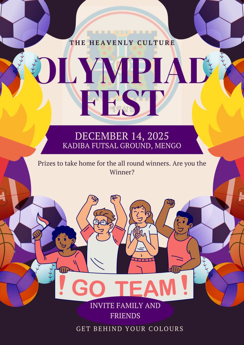 Shincheonji Uganda welcomes you for the upcoming Olympiad Fest this 14th December at Fufa Stadium formally known as Kadiba

Come be part of something new as you experience the heavenly culture at your disposal

See You There