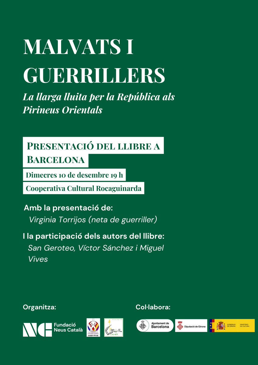 NeusCatala_fun's tweet image. 🔴 Presentació del llibre &apos;Malvats i guerrillers&apos; a Barcelona, amb els autors del llibre Ariadna Sánchez, Ramón San Geroteo, Víctor Sánchez i Miguel Vives.

📅 Dimecres, 10 de desembre, a les 19 h

📍Cooperativa Cultural Rocaguinarda (C/Xiprer13)

Us esperem!