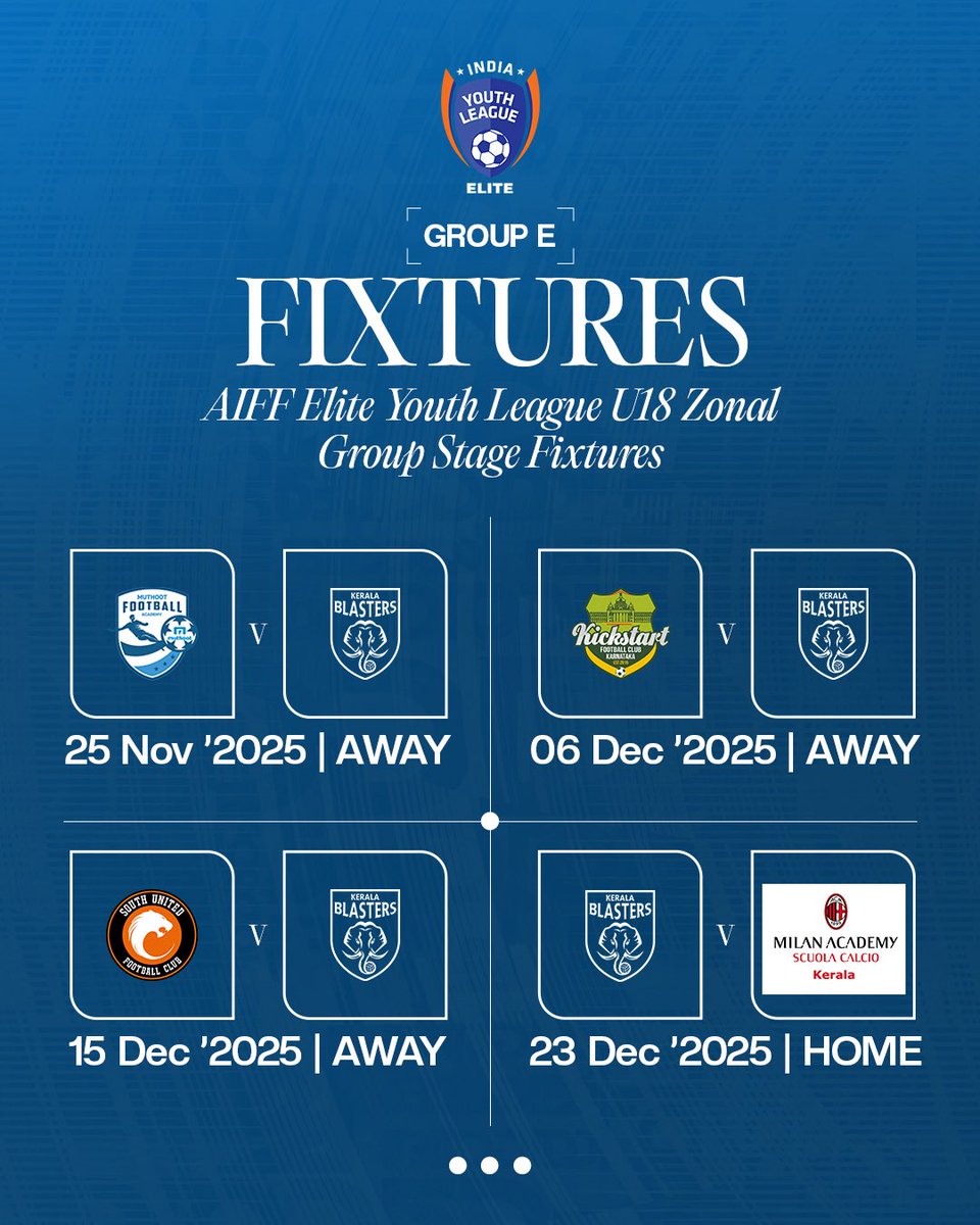 kbfc_academy's tweet image. ℹ️ Our group stage fixtures for the AIFF U18 Elite Youth League are in 🗓️

#BlastersAcademy #KeralaBlasters #KBFC #YennumYellow