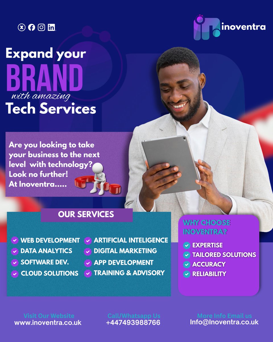 inoventra's tweet image. Upgrade your business with cutting-edge tech services!
Web dev, AI, data analytics, cloud solutions &amp;amp; more. 🚀
#TechServices #WebDev #DigitalMarketing #AI #BusinessTech #Inoventra